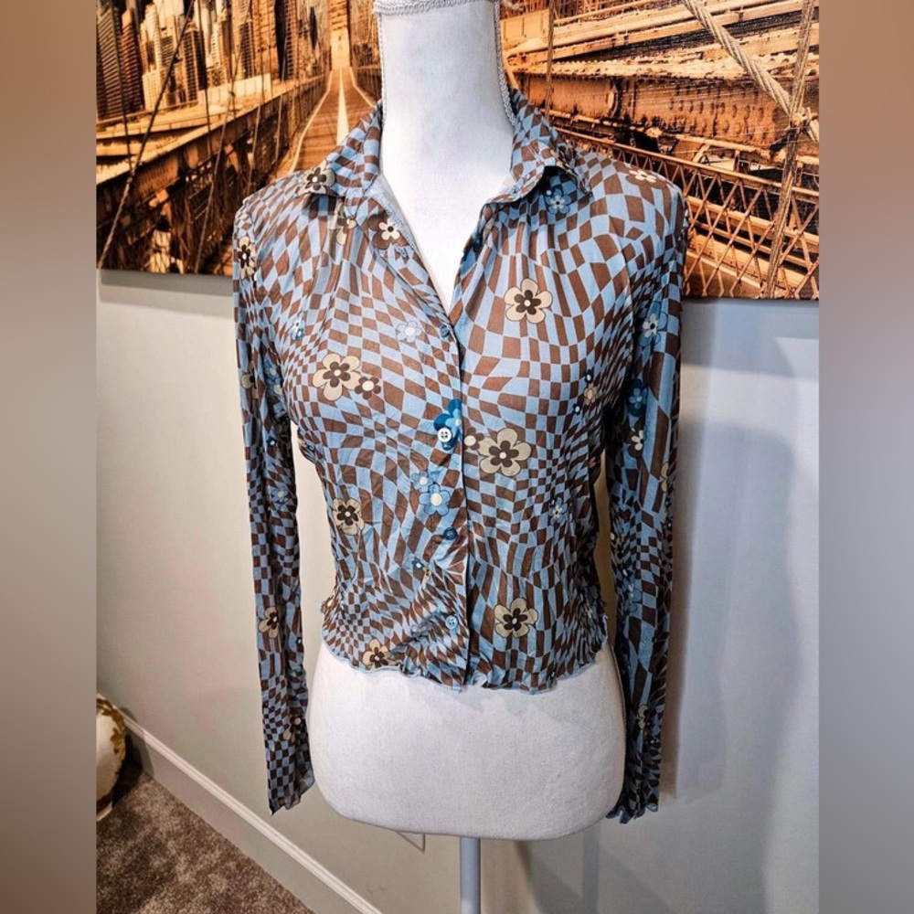 Brown and Blue Checkered Women's Top